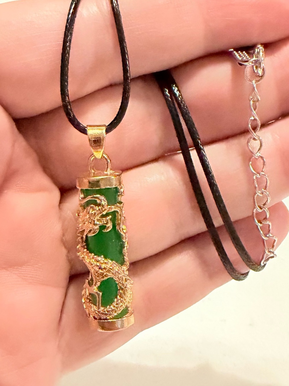 Clow In Dark Gold Green Dragon Pendant Necklace. (Unisex)
